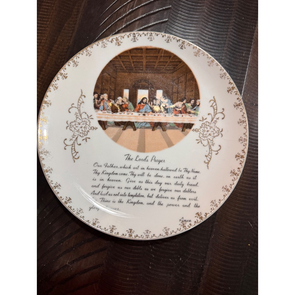 Vintage The Last Supper and Lords Prayer Decorative Wall Plate Gold Trim White